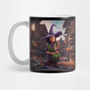 Child in Halloween Costume with Pumpkin and Witch Hat Mug